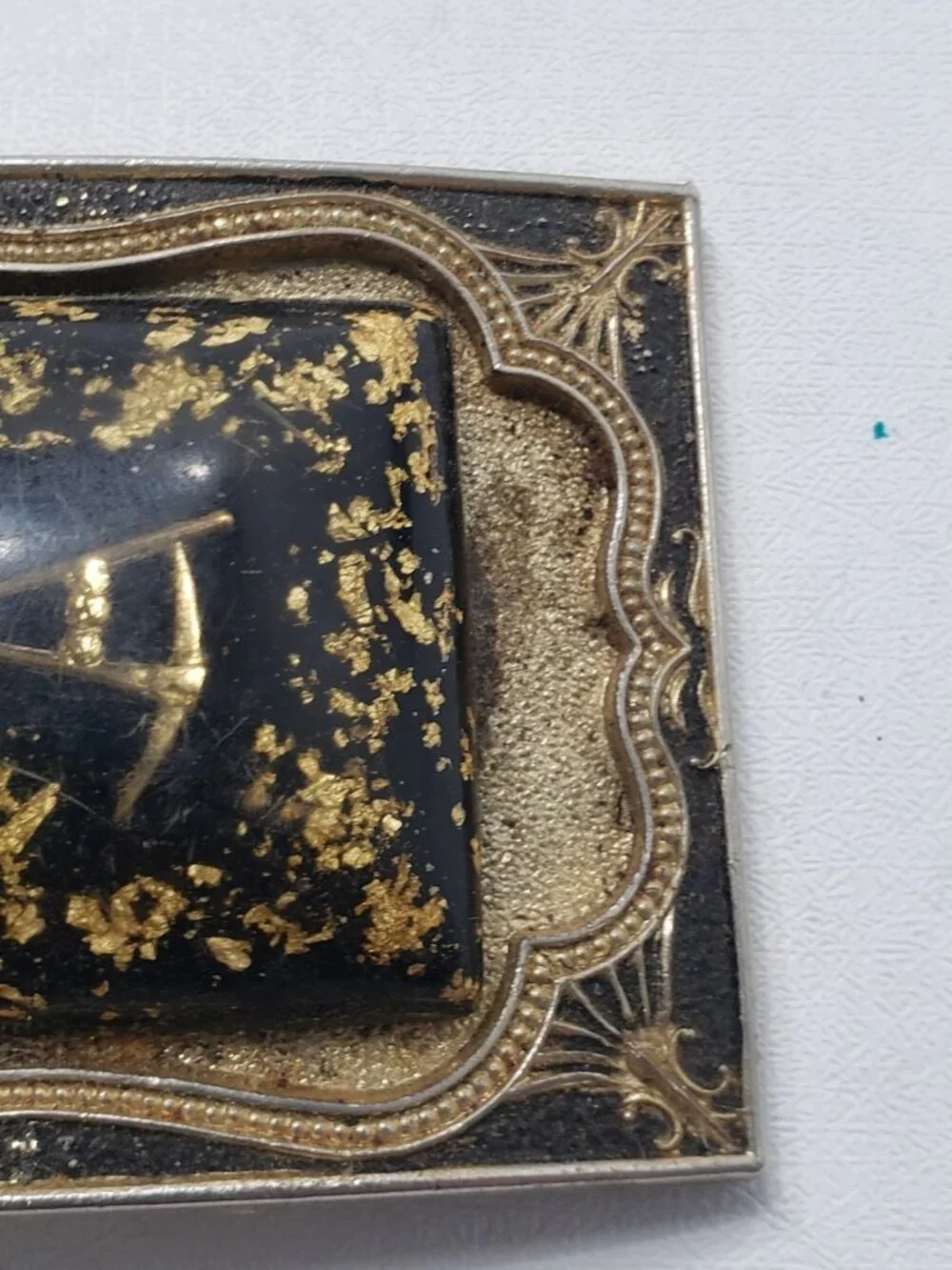 Vintage Gold Tone Black Mining Prospector Pick Shovel Western Belt Buckle